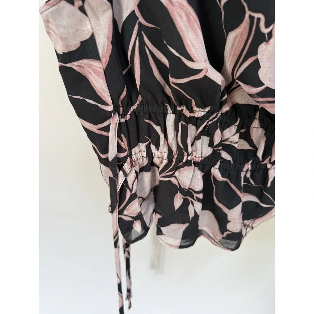 Banana Republic (Black and Blush Floral) Smocked-Waist Blouse Medium